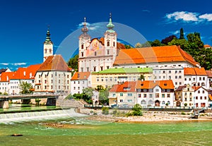 View of the Celestine Church and the surrounding historic buildings in the small Austrian town of Steyr, Upper Austria