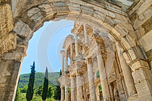 View of celsus library facade in Ephesus through arch