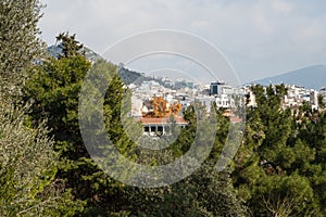 View of the center of Athens and the Acropolis on a background of trees