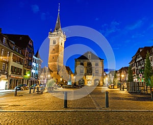 Obernai town, at night, Bas-Rhin Alsace France