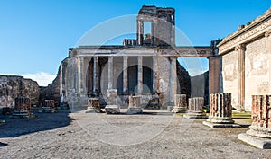 View of the center Roman Basilica remains of Pompei, Italy