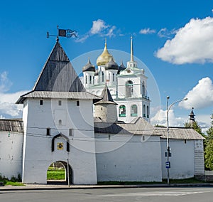 View of the central gate of the kremlin in pskov.