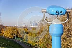 View of central Moscow from Sparrow Hills or Vorobyovy Gory observation viewing platform