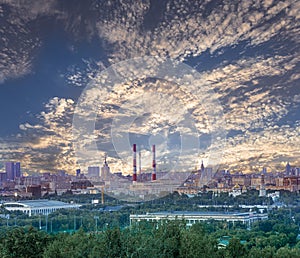 View of central Moscow from Sparrow Hills or Vorobyovy Gory observation viewing platform at sunset. Russia