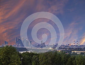 View of central Moscow from Sparrow Hills or Vorobyovy Gory observation viewing platform at sunset. Russia