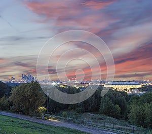 View of central Moscow from Sparrow Hills or Vorobyovy Gory observation viewing platform at sunset. Russia