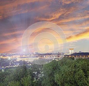 View of central Moscow from Sparrow Hills or Vorobyovy Gory observation viewing platform at sunset. Russia