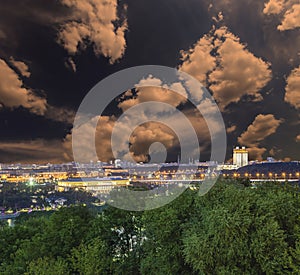 View of central Moscow from Sparrow Hills or Vorobyovy Gory observation viewing platform at sunset. Russia