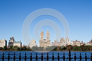 View of the Central Park and the Jacqueline Kennedy Onassis Reservoir  on a clear sky background