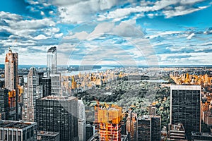 View of Central Park in Manhattan from the skyscraper`s observation deck. New York