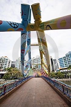 Singapore City Centre`s iconic Painted Bridge over the river