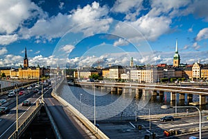 View of Centralbron and Galma Stan from Slussen, in SÃ¶dermalm,
