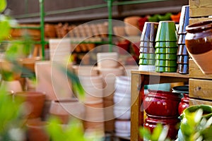 View of ceramic flower pots in the horticultural market