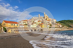 View of Cervo town from the beach, Liguria, Italy