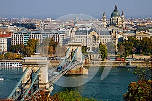 View of the Chain Bridge across the Danube in Budapest, Hungary