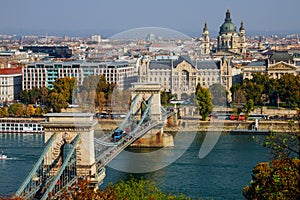 View of the Chain Bridge across the Danube in Budapest, Hungary photo