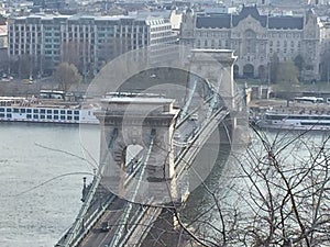 View of the Chain Bridge crossing the River Danube in Budapest, Hungary