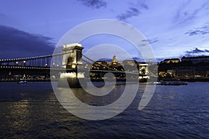 View of the Chain Bridge at dusk, Budapest, Hungary photo