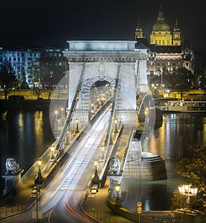 View of Chain Bridge at night, Budapest, Hungary