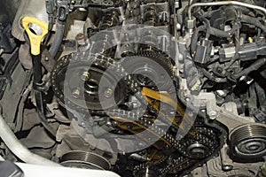 View of the chain camshaft drive of a diesel automobile engine