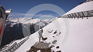 View from the chairlift in the Alps in the ski area in Austria during winter.