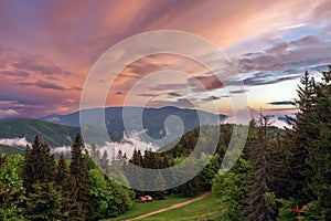 View from chalet under Suchy, national park Mala Fatra, Slovakia, spring sunset time