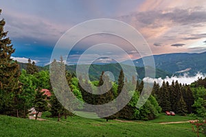 View from chalet under Suchy, national park Mala Fatra, Slovakia, spring sunset time