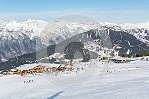 View on chalet `Zirbenhuette` in the ski resort Serfaus Fiss Ladis in Austria