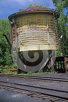 View of the Chama water tank from the Cumbres and Toltec Scenic Railroad in Chama, New Mexico