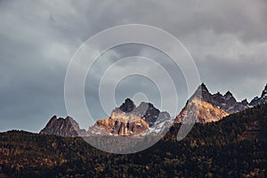 View from the Chamonix Valley to the mountain range. Alps, France