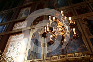 View of chandelier in russian orthodox church in Moscow