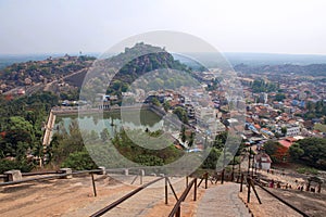 View of Chandragiri Hill and Shravanbelgola town from Vindhyagiri Hill, Shravanbelgola, Karnataka.