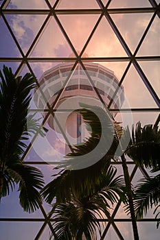 View of Changi Airport Control Tower from Jewel Changi Airport in Singapore.