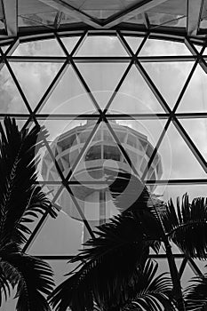 View of Changi Airport Control Tower from Jewel Changi Airport in Singapore.