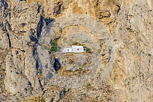 A view of a chapel on the side of  Mount Taygetus from Perissa, Santorini