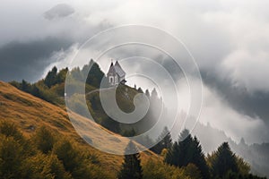 view of chapel surrounded by misty mountains and clouds