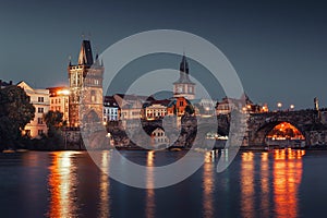 View of Charles Bridge at night in Prague, Czech Republic