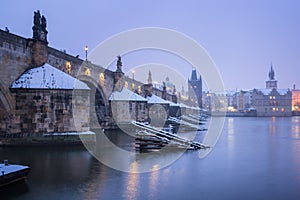 View of the Charles Bridge at Night in Winter