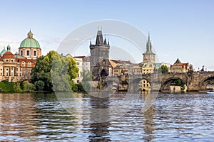 View of Charles Bridge over Moldau river, Prague Czech Republic