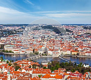 View of Charles Bridge over Vltava river and Old city from Petri