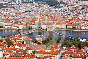 View of Charles Bridge over Vltava river and Old city from Petri