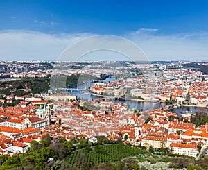 View of Charles Bridge over Vltava river and Old city from Petri