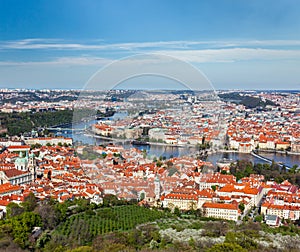 View of Charles Bridge over Vltava river and Old city from Petri