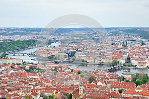 View of Charles Bridge over Vltava river and Old city from Petri