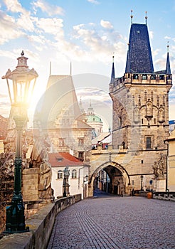 View of Charles Bridge in PragCharles Bridge and Lesser Town Bridge Tower in Prague Czech Republic.