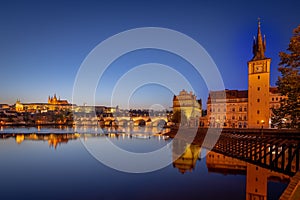 View on Charles Bridge and Prague Castle over Vltava River during early night with wonderful blue sky and yellow city