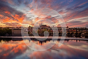 View on Charles Bridge and Prague Castle over Vltava River during early night with wonderful dusk sunse