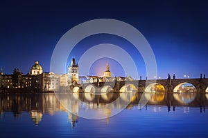 View on Charles Bridge in Prague at night