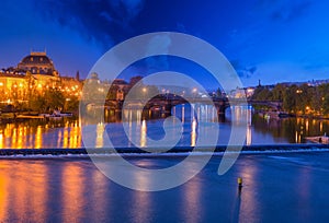 View from the Charles bridge in Prague at night, Czech Republic