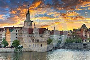 View from the Charles bridge in Prague at sunrise, Czech Republic